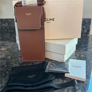 CELINE X HEDI SLIMANE LEATHER CROSSBODY SUNGLASSES OR PHONE CASE POUCH BROWN NWB